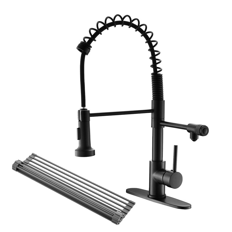 Matte Black Pull Down Water Filter Kitchen Sink Faucet With Roll Up Dish Drying Rack, 3 Way Drinking Faucet, Single Handle Dual Function Spray Head, Contemporary Style Made Of Solid Brass 44 Head And