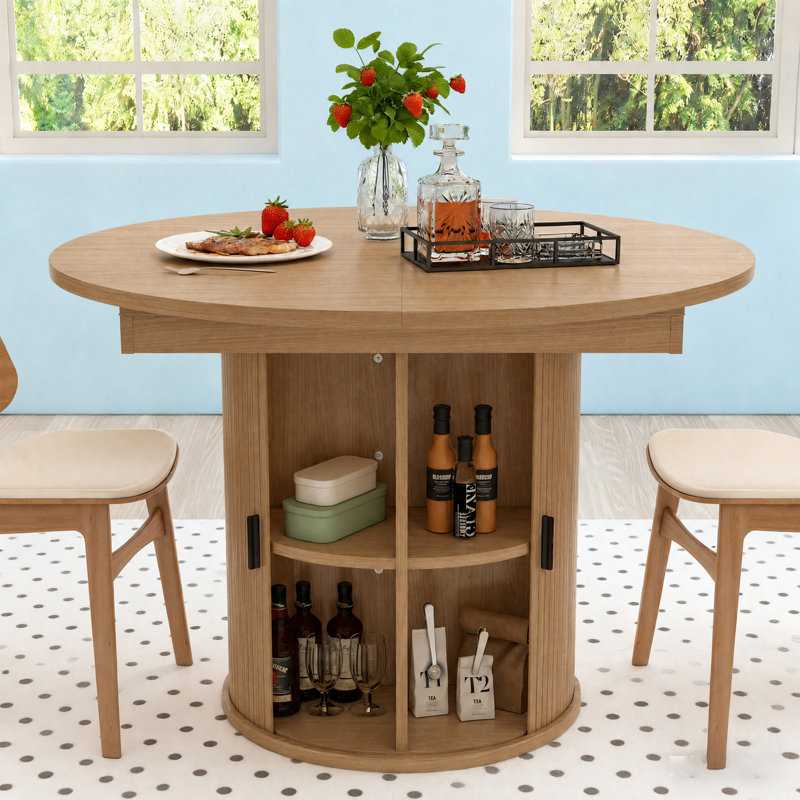 43.3''-63'' Extendable Round Dining Table For 4-6, Modern Farmhouse Expandable Dining Table With Wood Strip Base For Kitchen Living Room