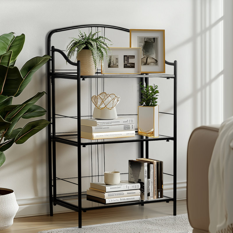 Bibliothèque sans assemblage, bibliothèque pliante noire classique à 3 niveaux, bibliothèque pliable avec tablette en verre