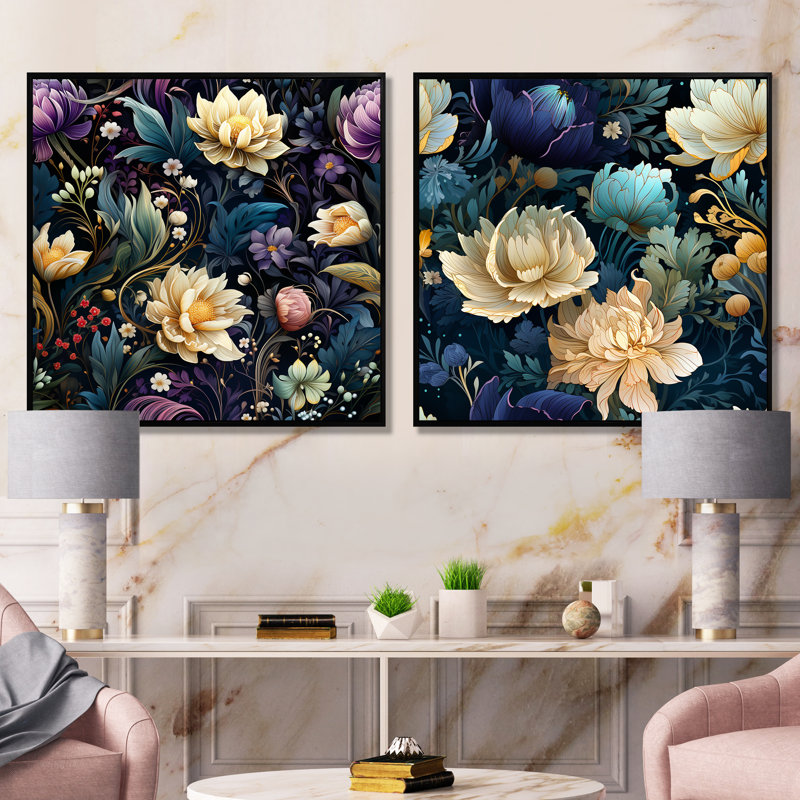 Djibril - Ensemble de 2 reproductions d'art sur toile florales, Cadre flottant noir, H 16 po x l 33 po x P 1 po