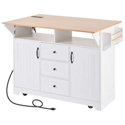 55.7" Rolling Kitchen Island With Dual Drop Leaves, Built-In Power Outlet, 3 Drawers, Cabinet Storage, Spice & Towel Rack, Mobile Kitchen Cart
