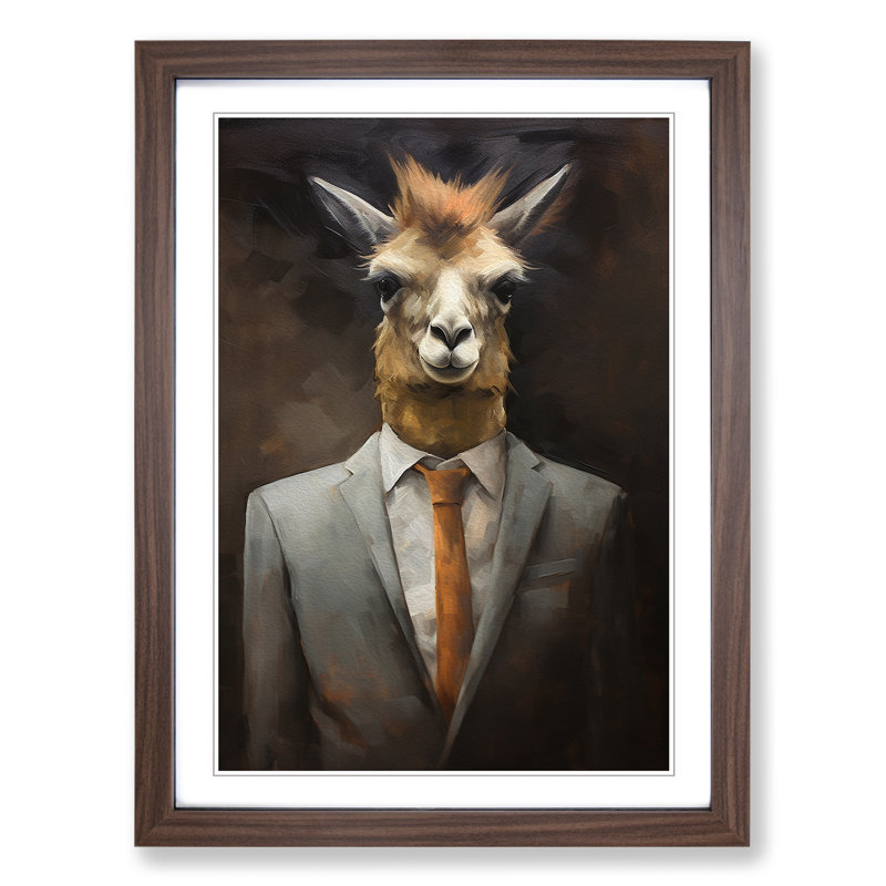 Llama In A Suit - Single Picture Frame Print on Wood, Walnut, 64cm H x 46cm W x 2cm D