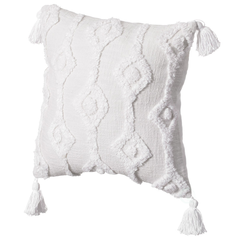 16" White Handwoven Cotton Throw Pillow with Tassels