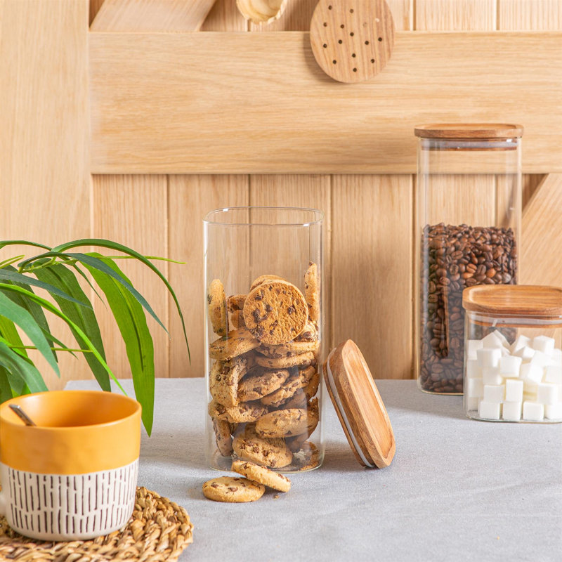 Argon Tableware - Square Glass Storage Jars with Wooden Lids - 4 Piece Set