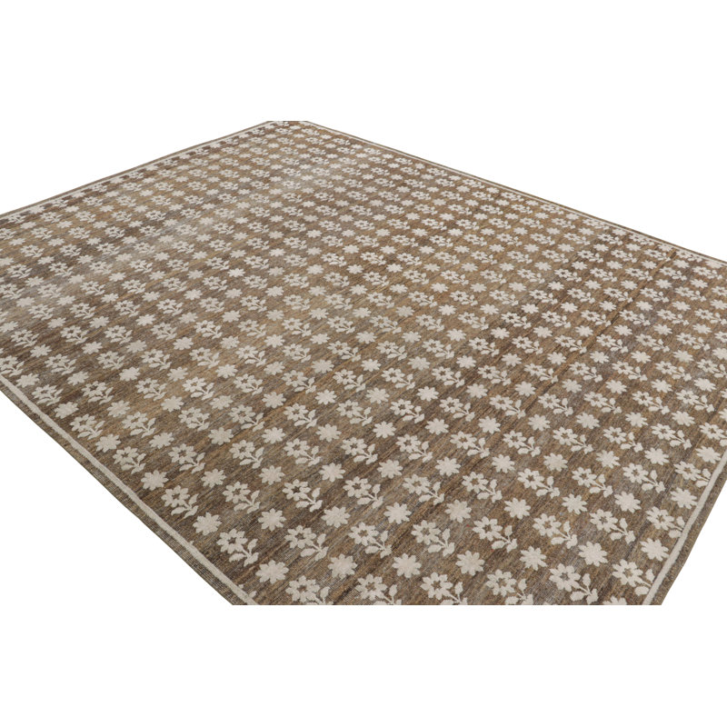 Rug & Kilim’S Modern Block Print Rug In Brown With White Floral Patterns, Rectangle 5' x 7'