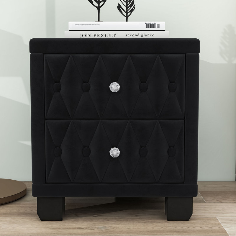 Nightstand with 2 Drawers and Button-Tufted, Black