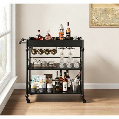 3-Tier Metal Rolling Bar Cart, Mobile Serving Cart with Removable Tray, Wine Rack & Glass Holder for Kitchen, Dining Room & Living Room