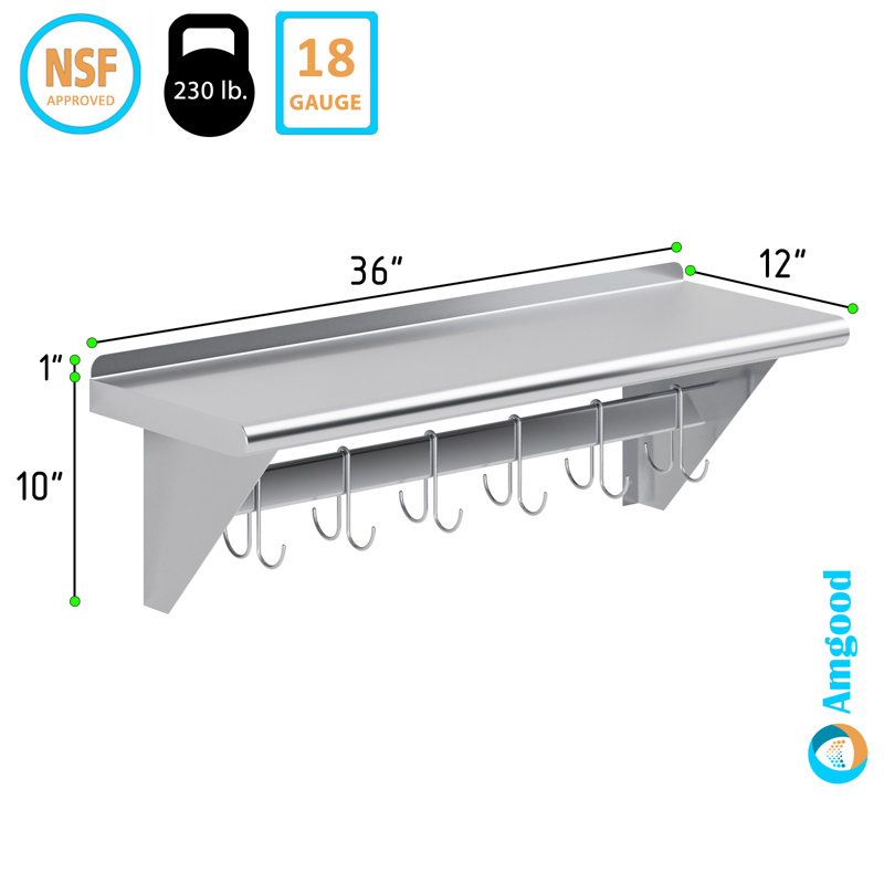 36" Stainless Steel Wall Mounted Shelf with Hooks and Brackets