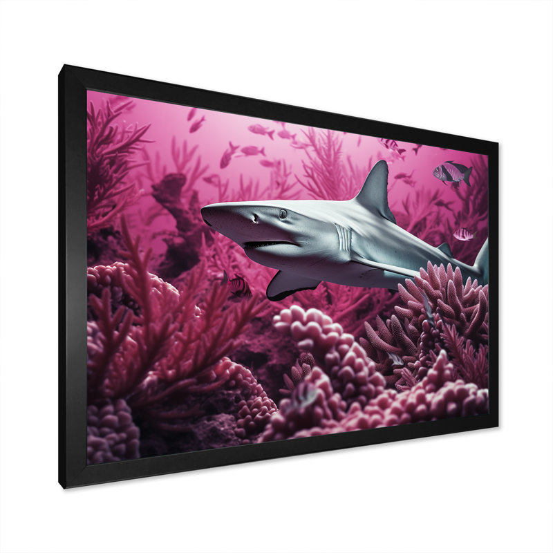 " Hammerhead Purple Sharks ", 24" H x 32" W x 1" D, Black Single Picture Framed