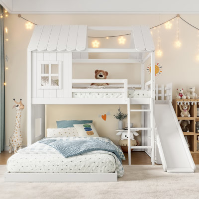 Lit superposé simple au-dessus d'une maison double avec échelles et glissade, lit superposé avec tablettes de rangement et garde-robe, aucun sommier nécessaire, blanc clair, pour les chambres d'enfants et les espaces de jeu