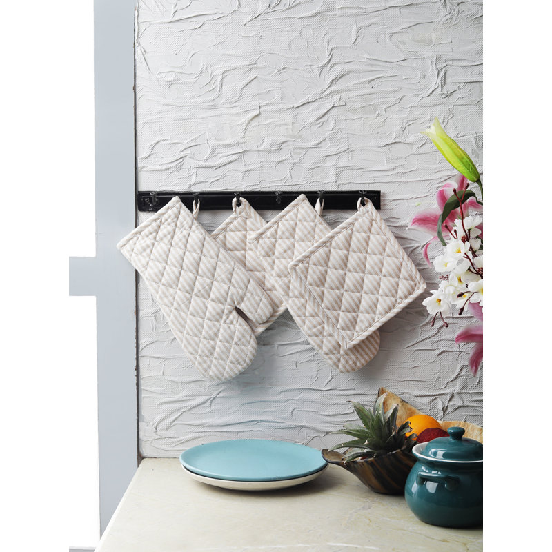 Potholder & Oven Mitt Set, Beige/White