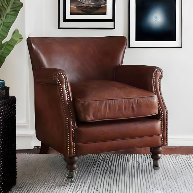 Fauteuil à oreilles 24 po en cuir fleur brun foncé rétro et brun uni