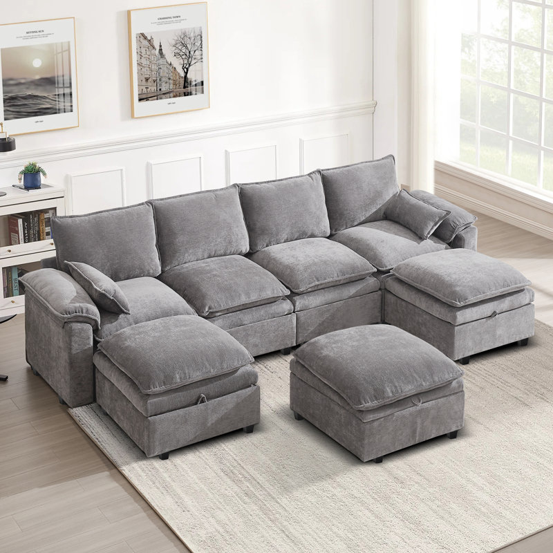 7 Seat Chenille U Shaped Modular Sectional Sofa With Storage, Light Gray