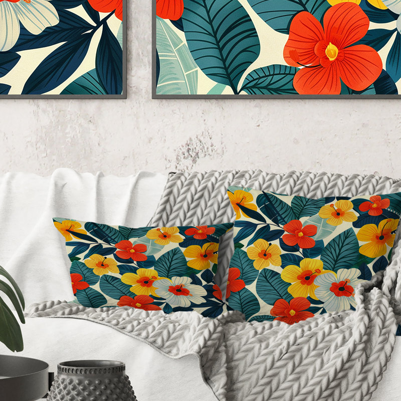 Coussin lombaire fleurs jaunes et orange Midcentury III