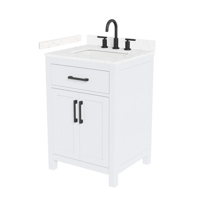 Beckett 24 Inch Single Bathroom Vanity in White, Carrara Cultured Marble Countertop, Undermount Square Sink (3-Hole), Matte Black Trim