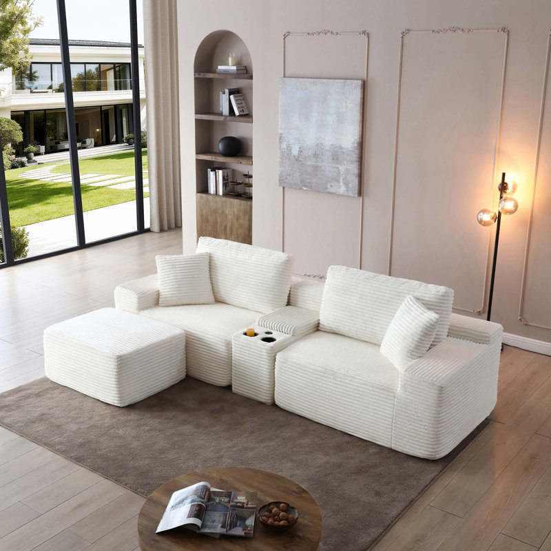 Modular Sectional Sofa With Deep Seat, Corduroy Fabric, Cup Holders, USB Ports, And Storage Box, No Assembly Required, Beige