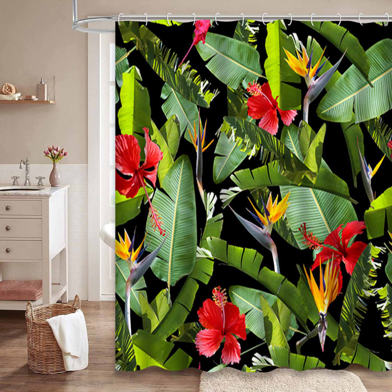Rideau de douche à feuilles tropicales avec feuilles et motif floral, L 72 po x l 84 po
