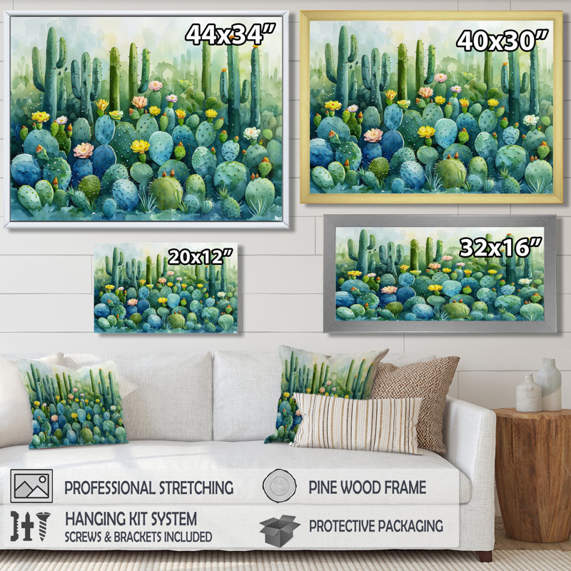 Vert, vert, désert, jardin de cactus - impression de cactus floral, H 30 po x l 40 po x P 1,5 po, Toile tendue