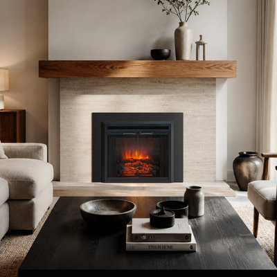 Foyer électrique encastrable Breena 23 po avec trousse de finition, crépitement de feu, bûches en résine, porte vitrée et grille de protection, chauffage 750/1500 W, noir, par Puraflame