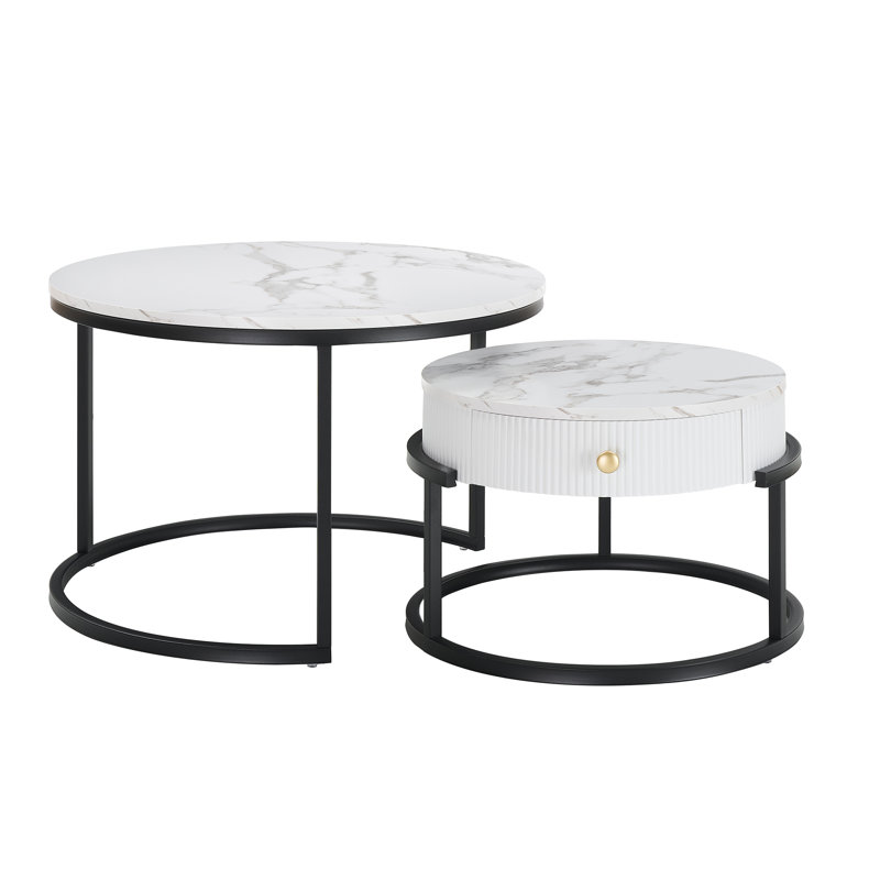 Round Nesting Coffee Table Set Of 2, Modern Side End Tables With Marble Pattern And Metal Frame, Modern Coffee Table With Hidden Compartment For Living Room, Apartment, Office