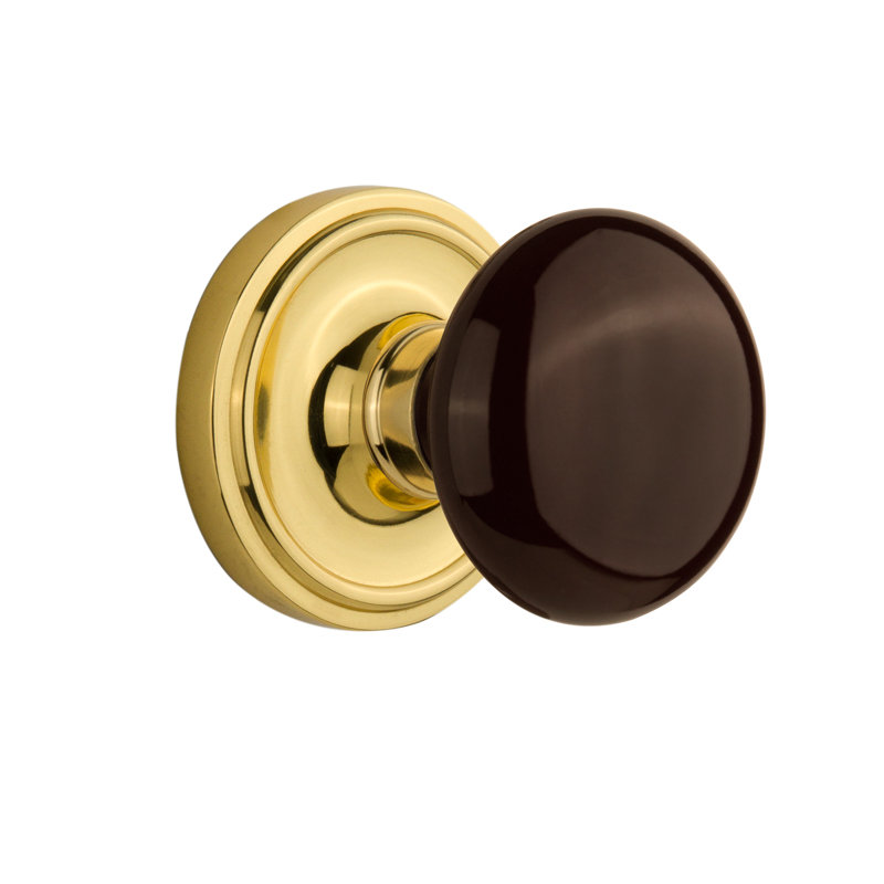 Poignée de porte intérieure en porcelaine brune avec rosette Classic, Laiton non laqué