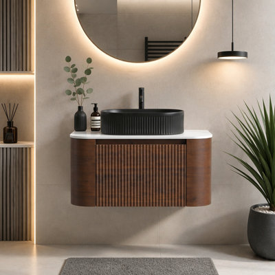 Meuble-lavabo de 30 po avec lavabo, armoire murale en noyer avec porte-serviettes gratuit, lavabo simple en céramique rayé ovale, sans drain et robinet, pré-assemblé