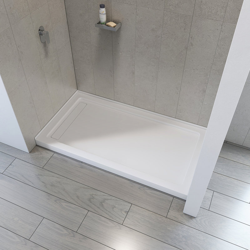 Velisse 60" x 32" White Textured Acrylic Shower Base with Left‑Side Linear Drain, Low 3" Threshold, and Fiberglass‑Reinforced Construction