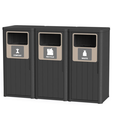 3-Stream 80L Outdoor Recycling Bin Station, Woodgrain Resin Trash Cans, Weatherproof, Hides Trash Bags, for 30-39 Gal Bags