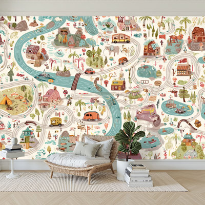 Peel and Stick Wallpaper 96" W x 69" H Modern Self Adhesive Wall Mural for Bedroom Children s World Map Travel around world play mat for Kids Baby land