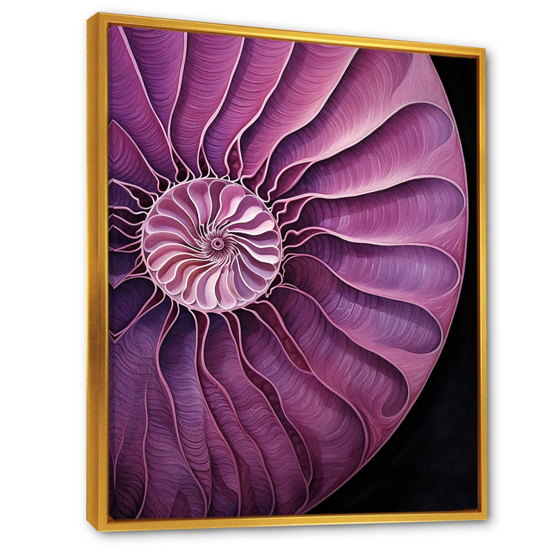 Nautilus prune coquillages sur toile, Cadre flottant doré, H 44 po x l 34 po x P 1,5 po