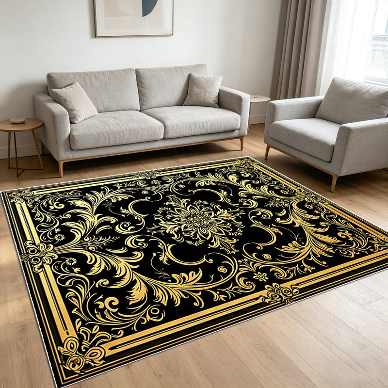 1PC Vintage Gold Black Ornate Damask Floral area rugs for Living Room, Soft, All seasons, Easy-maintain, Washable Indoor mat, Farmhouse suitable for dining room, bedroom, kitchen, entryway, home office, hallway, Home Decor, Outdoor Decor.