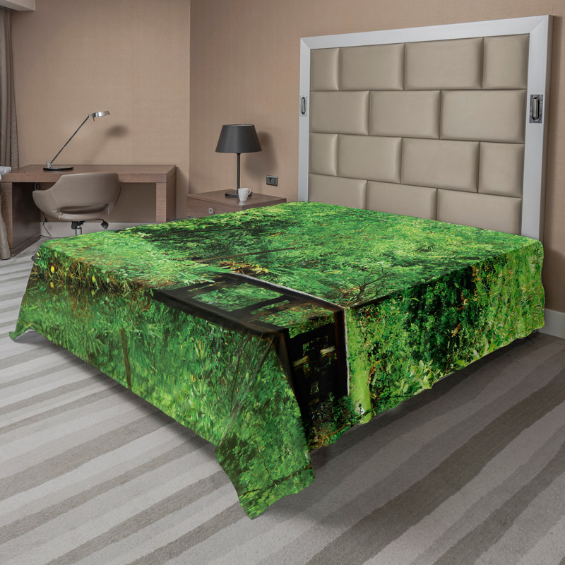 Ambesonne Spring Top Flat Sheet Foliage Forest Woodsy Green Brown, Queen