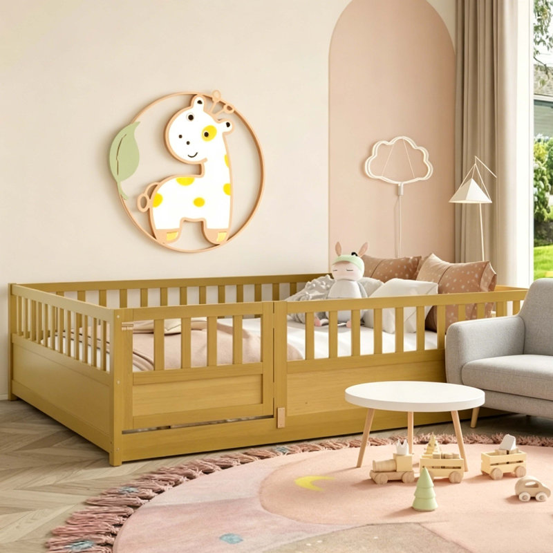 Lit double Montessori avec rails et porte de sécurité, cadre de lit pour tout-petit en bois naturel avec lattes de soutien, lit d'enfant pour un sommeil indépendant et sécuritaire