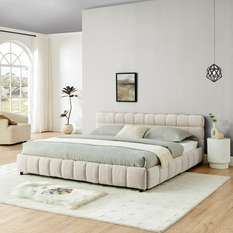 King Size Upholstered Bed ,Comfortable Upholstered Bed Frame, Beige, King