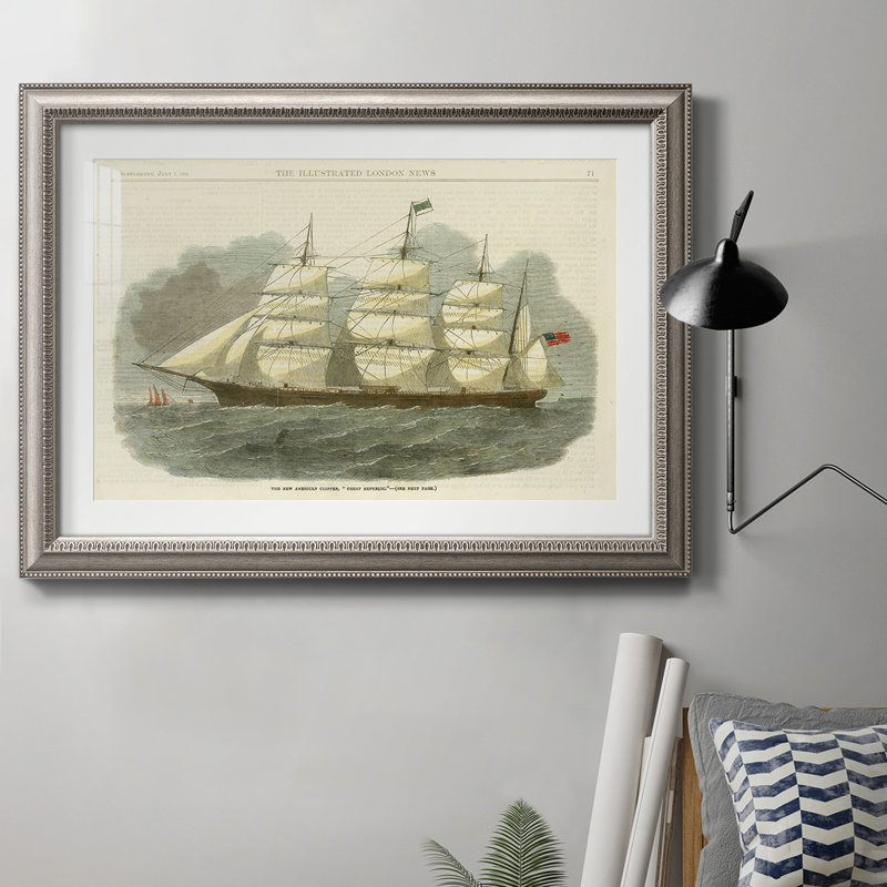 Antique Clipper Ship IV - Peinture sur toile encadrée, H 24 po x l 36 po x P 2,5 po, Cadre argent antique