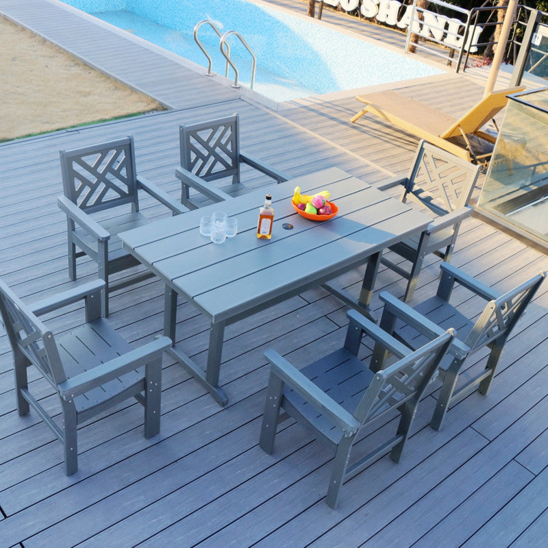 Ensemble de salle à manger 7 pièces pour patio, table de salle à manger avec trou pour parasol et six chaises pour le jardin, la cour et la pelouse