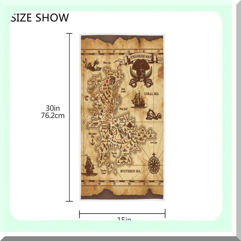 TreasureQuest Hand Towels - 30x15 Inch Pirate Map Design for Bath, Gym, Yoga, and Kitchen Decor