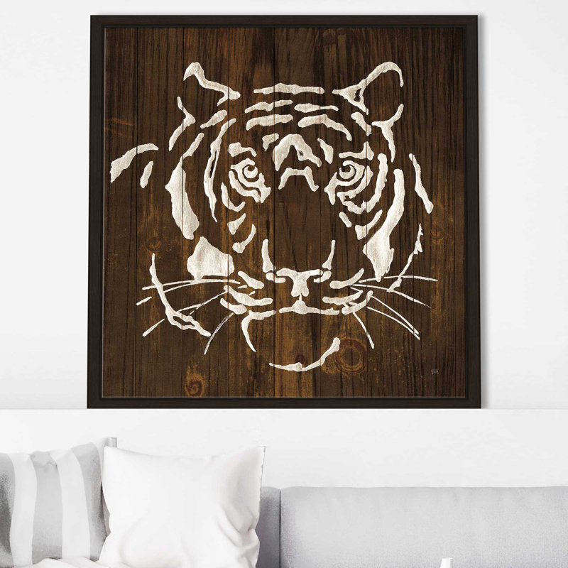 Tigre blanc sur bois foncé - impression, Cadre flottant espresso, H 21,5 po x l 21,5 po x P 2 po