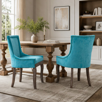 Furniture, Ultra Side Chair Chair, chaises en tissu épaissi avec pieds en bois massif aux tons neutres, têtes de clous en bronze, ensemble de 2, bleu