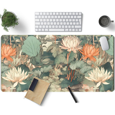 Light Emerald and Orange Floral Desk Mat, XXL Large Extended Mouse Pad Gaming Desk Pad, Aesthetic Asian Lotus Flower Big Laptop Keyboard and Mouse Mat for Women Desktop Office Decor, 15.7 x 35.4 inComes with a pure white mug as a gift