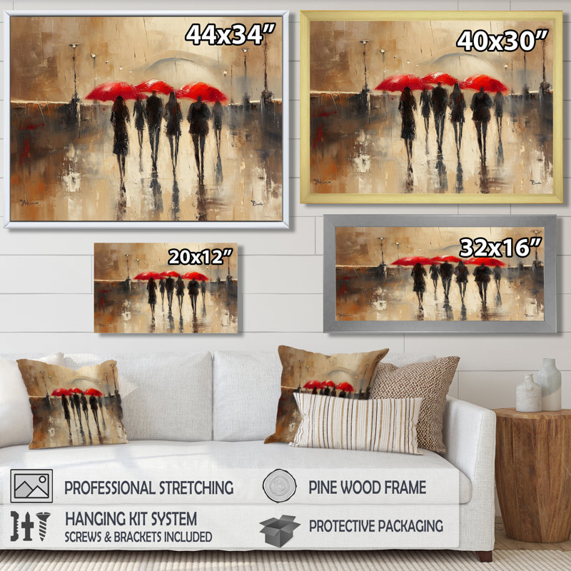 Les parapluies rouges, jour de pluie, pont sur la seine I - City Paris Wall Art Living Room, Toile tendue, H 24 po x l 32 po
