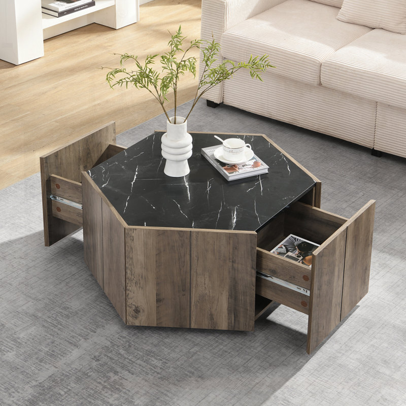 Table basse hexagonale en bois rustique rétro, Noir / brun clair