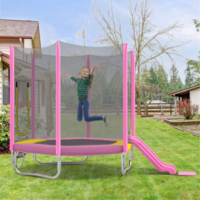 7FT Trampoline for Kids with Safety Enclosure Net, Slide and Ladder, Easy Assembly ,Regular Hexagon Outdoor Recreational Trampoline
