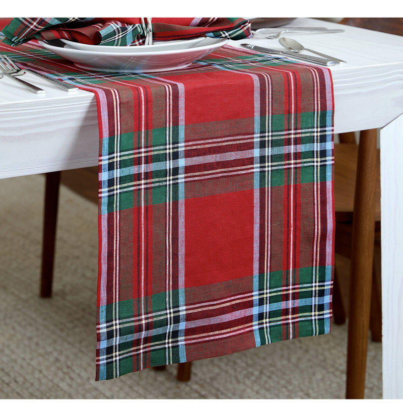 Madras Holiday Plaid - 100% Pure Linen Table Runner, 36" x 14"
