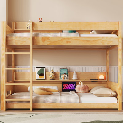 Lit superposé grand sur grand, tablettes de rangement intégrées et station de charge, minimaliste contemporain, chambre à coucher commune