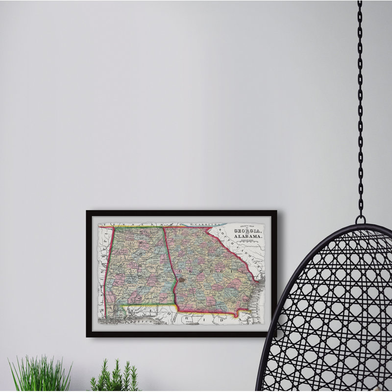 Carte rétro de la Géorgie et de l'Alabama, impression encadrée sur papier, H 8 po x l 12 po x P 1,5 po