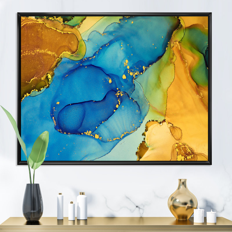 «Blue and Gold Luxury Abstract Fluid Art I», reproduction sur toile, H 12 po x l 20 po, Cadre flottant noir
