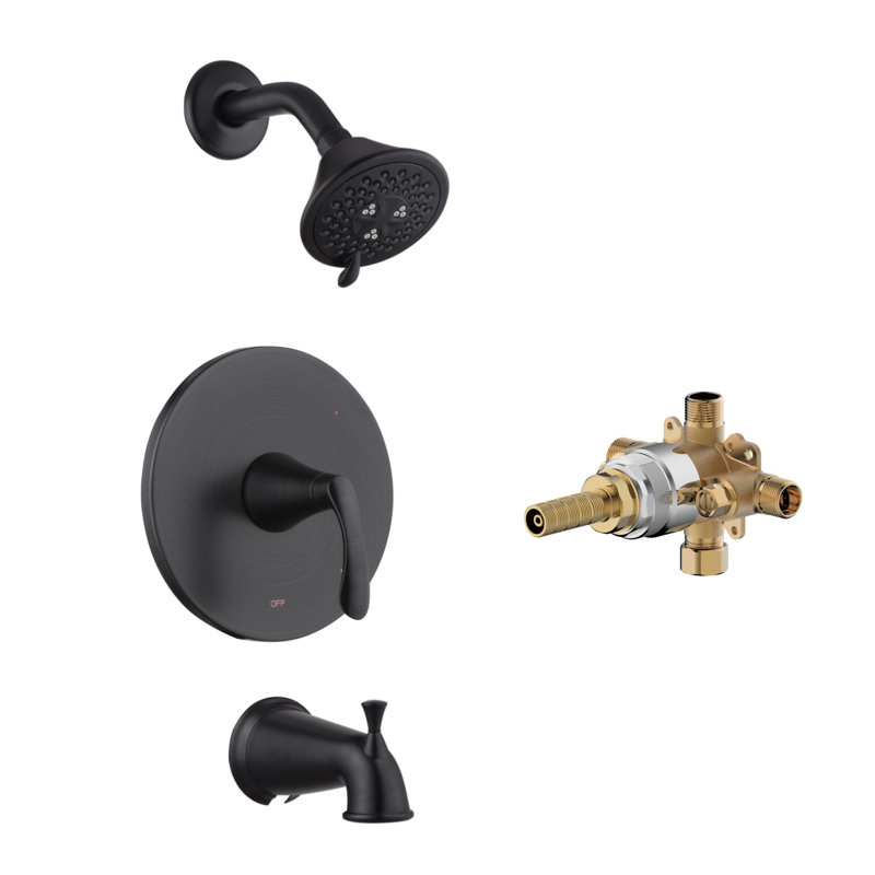 Stilleto Collection Shower System: 3-Function 4" Round Shower Head, Single Handle Set, Tub Spout, & Rough-in Valve Included - Oil Rubbed Bronze