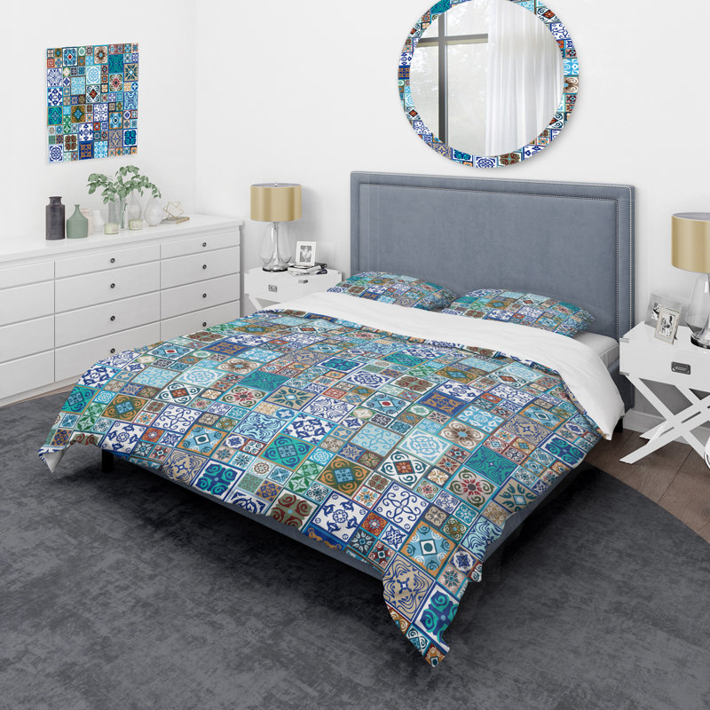 Ensemble de housse de couette à motif patchwork en céramique bleue, Housse de couette simple + 1 taie décorative stan