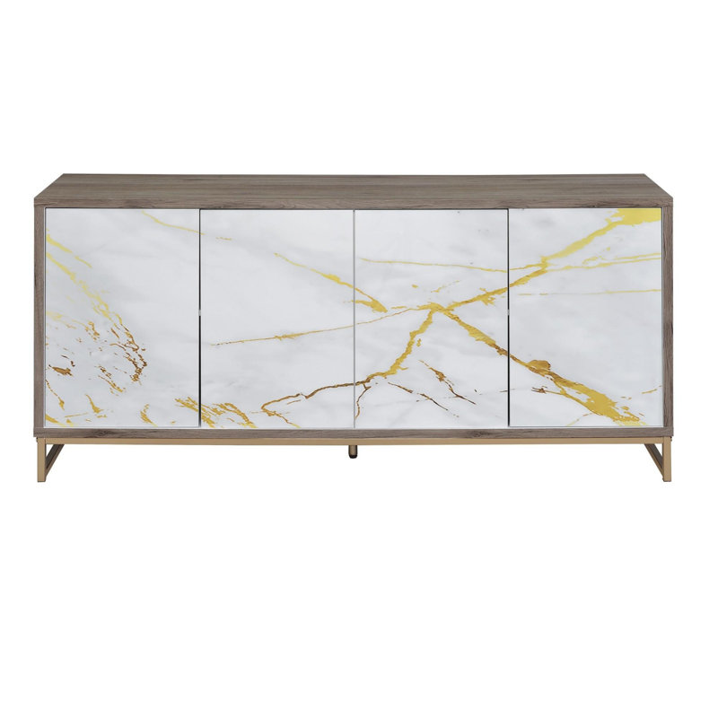 White Marble Paint Oak & Champagne Finish Console Cabinet